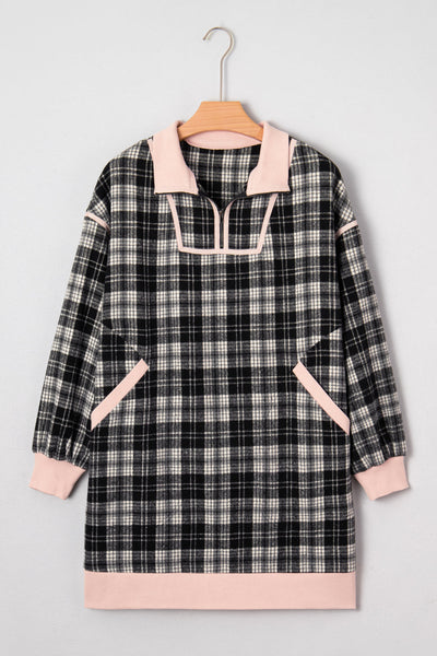Women's Black Plaid Zip-Front Mini Dress with Pink Contrast Trim
