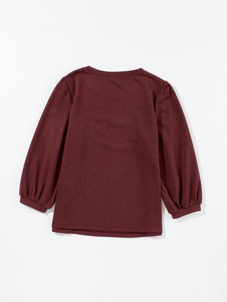 Crimson Dahlia Elegant 3/4 Sleeve Crew Neck Blouse