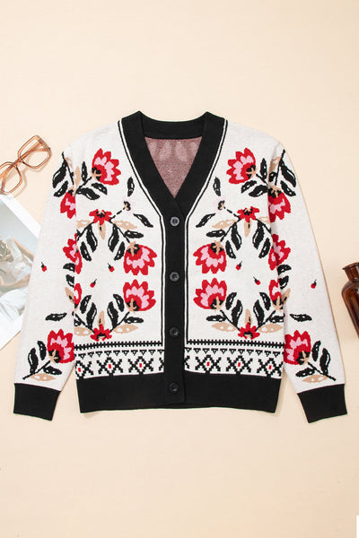 Chic Women's Beige Floral Button-Up V-Neck Knit Cardigan for Cozy Layering in Every Season