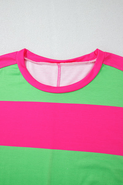 Women's Casual Chic Light Green Colorblock Striped Loose Fit Drop Shoulder Top - Effortless Style for Everyday Wear
