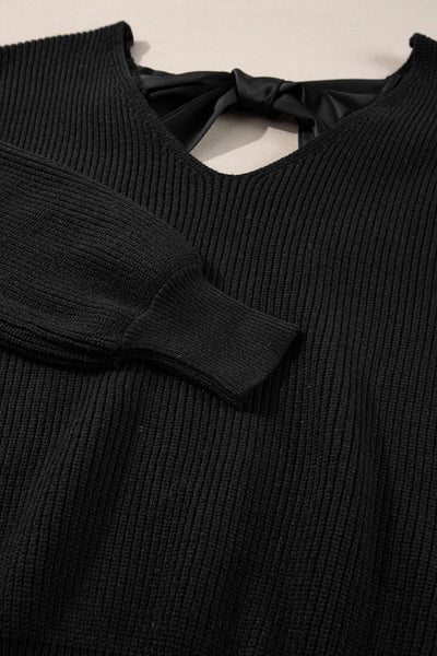 Cozy Women's Black Lantern Sleeve V-Neck Sweater with Knot Back Stylish and Comfortable for Every Occasion