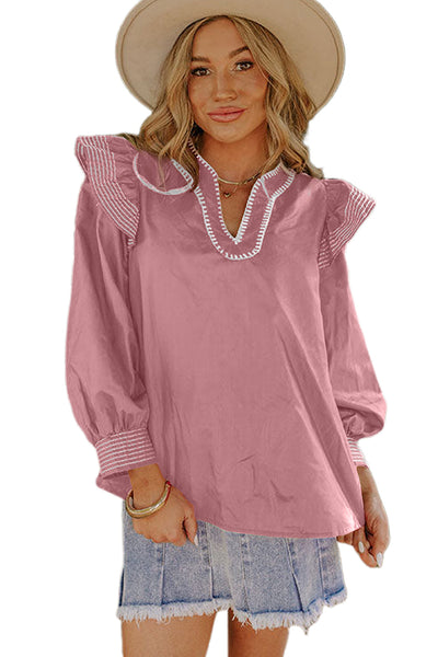 Women's Pink V-Neck Ruffle Blouse with Contrast Stitching and Long Sleeves - Stylish and Feminine Top for Any Occasion