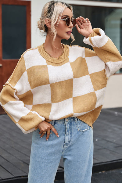 Cozy Women's Khaki Checkered Bishop Sleeve Sweater - Trendy Knit Top for Fall Fashion & Casual Outings