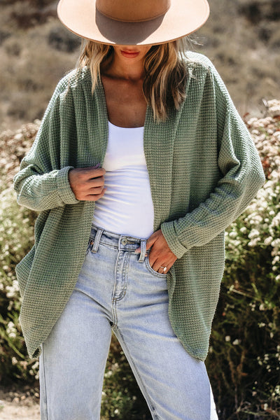 Cozy Women's Laurel Green Waffle Knit Open Front Cardigan for Stylish Layering and Comfort in Every Season