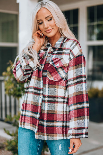 Chic Fiery Red Geometric Plaid Shacket for Women - Stylish Fall Layering Essential with Convenient Pockets