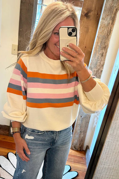Women's Beige Striped Puff Sleeve Sweatshirt for Women - Trendy Casual Pullover Top for Stylish Everyday Comfort