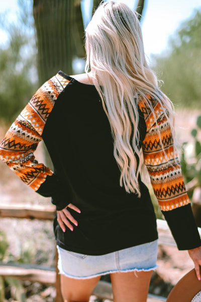 Women's Orange Geo Print Long Sleeve Raglan Tee with Patchwork Design Casual and Comfortable Fit