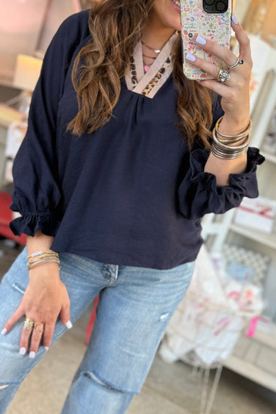 Plus Size Women's Navy Blue Leopard Print Blouse with Flounce Sleeves and Elegant Collar for Trendy Style