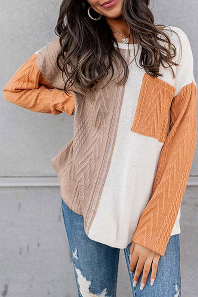 Women's Casual Orange Colorblock Knit Top with Long Sleeves and Chest Pocket - Trendy Textured Design for Everyday Style