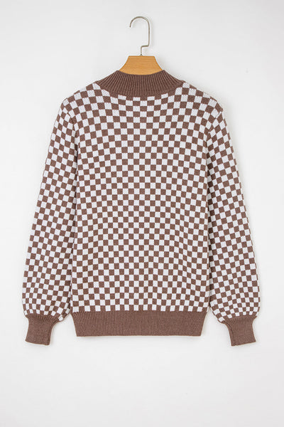 Women's Checkerboard Half-Button Knit Sweater in Cocoa and Cream with practical styling and dependable silhouette control.