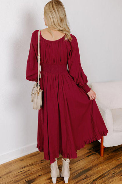 Effortless Women's Racing Red Flared Dress with Smocked High Waist, Button-Down Front, and Long Sleeves for Chic Style