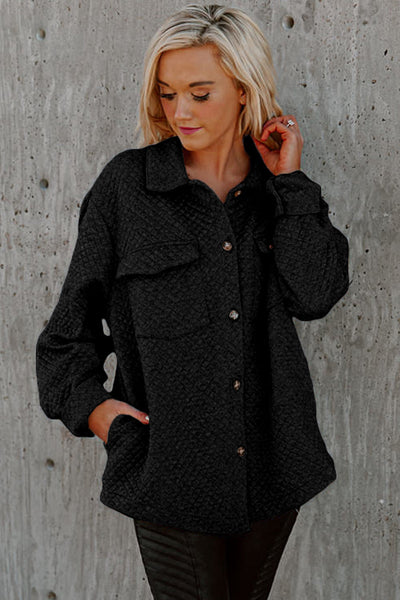 Women's Black Retro Quilted Shacket with Flap Pockets - Chic Button-Up Overshirt for Effortless Casual Style