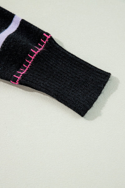 Cozy Women's Black Ribbed Sweater with Colorful Trim Stylish Striped Design for Casual Outings and Everyday Comfort