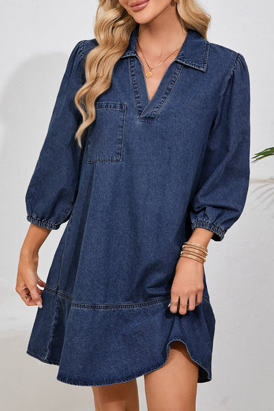 Women's Cotton-Blend Denim V-Neck Shift Dress with Tiered Hem