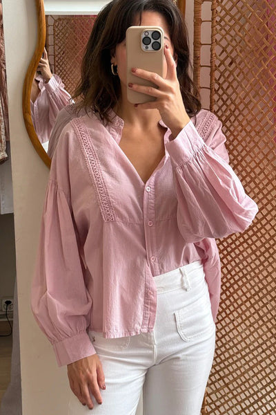 Effortless Light Pink Women's Lace Button-Down Shirt with Puff Sleeves and Drop Shoulder for Chic Everyday Wear