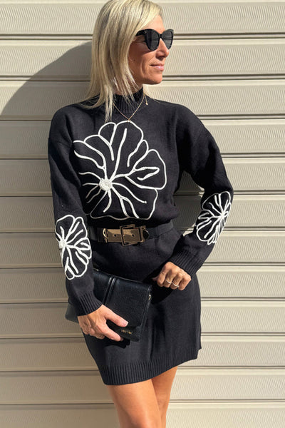 Chic Women's Black Floral Embroidered Mock Neck Mini Dress - Effortless Fall Style for Trendy Casual Looks