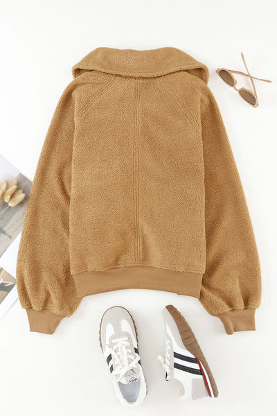 Women's Camel Sherpa Fleece Bomber Jacket with Oversized Shawl Collar
