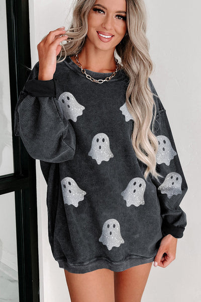 Cozy Women's Black Ghost Print Sweatshirt - Loose Fit for Spooky Halloween Style, Perfect for Fall Comfort