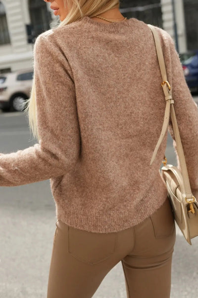 Stylish Women's Light French Beige Sweater with Round Neck, Ribbon Bow & Lace Cuffs - Trendy Patchwork Design