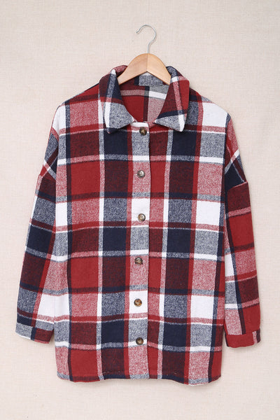 Women's Crimson Red Plaid Shacket: 100% Polyester Oversized Layer