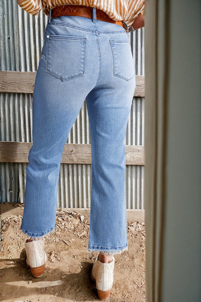 Trendy Women's Beau Blue High Waist Flared Jeans - Mineral Wash with Raw Hem for Casual Chic Look