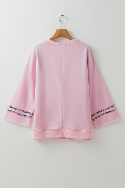 Light Pink Floral Peace Sign Drop Shoulder T-Shirt for Women - Casual Wide Sleeve Top for Effortless Style and Comfort