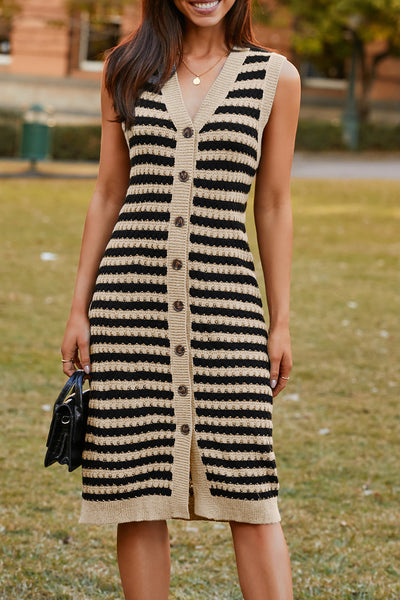 Women's Parchment Striped Knit Midi Dress with Tortoise Buttons