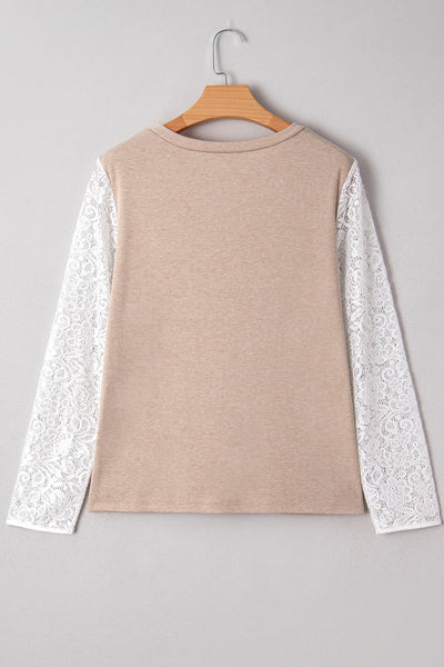 Women's V-Neck Oatmeal Long Sleeve Top with White Floral Lace