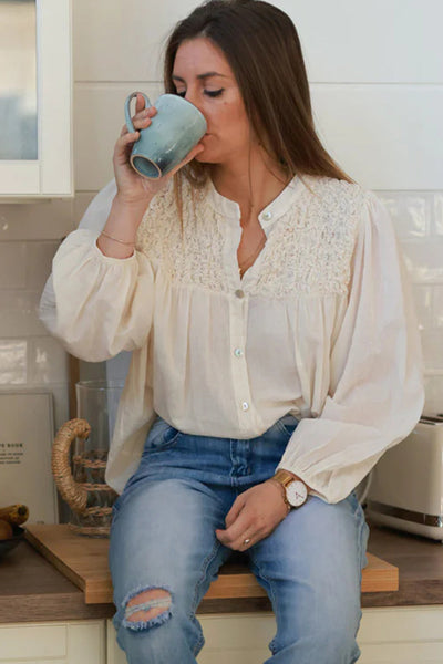 Stylish Beige Floaty Blouse for Women - Smocked Chest, Elastic Cuffs, Loose Fit for Ultimate Comfort