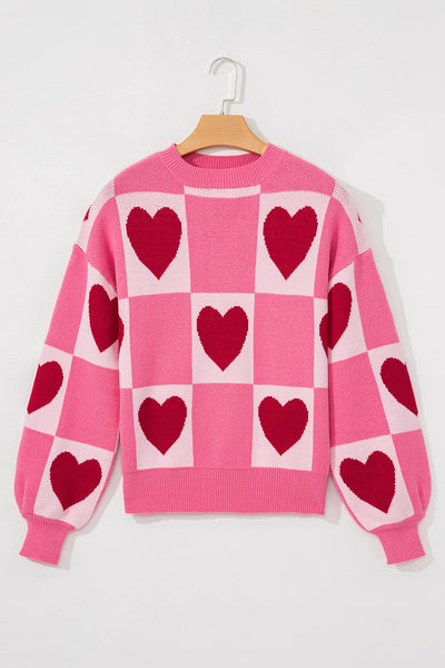 Cozy Women's Pink Heart Checkered Sweater - Cute Crew Neck for Valentine‚Äôs Day and Romantic Outings