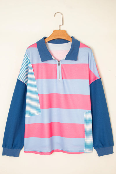 Women's Plus Size Pastel Striped Quarter-Zip Colorblock Pullover