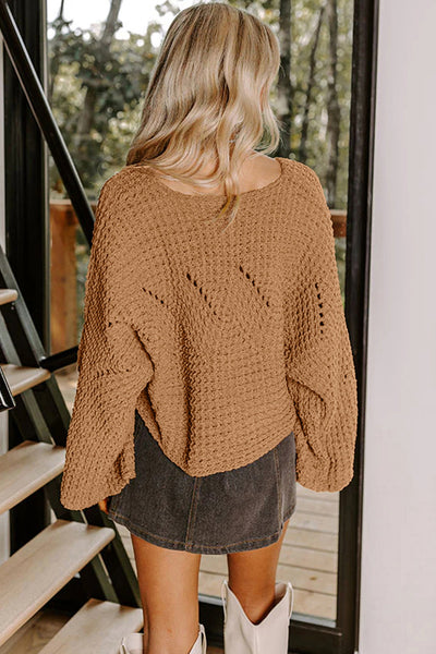 Women's Camel Bell Sleeve Hollow Out Knit Sweater