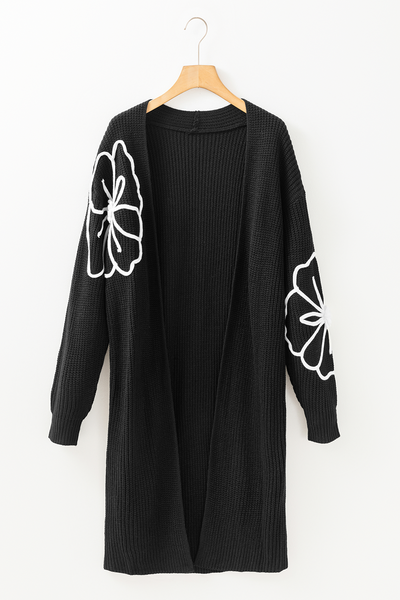 Chic Black Flower Embroidered Duster Cardigan for Women - Stylish Open Front, Drop Shoulder, Perfect for Layering