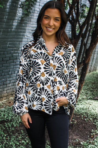 Women's Black Abstract Floral Long Sleeve Ruffle Hem Top - Trendy Casual Shirt for Everyday Style and Comfort