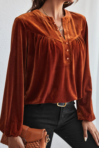 Elegant Women's Gold Velvet Top with Beaded Details, Lantern Sleeves, and Split V-Neck for Evening Events