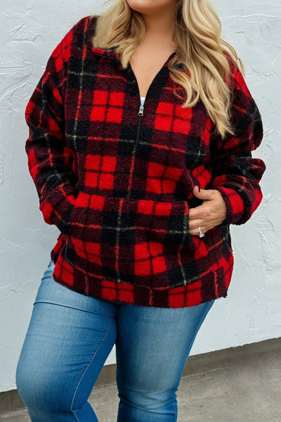 Plus Size Women's Cozy Red Plaid Fleece Sweatshirt with Collar & Half Zip - Perfect Casual Layer for All Seasons