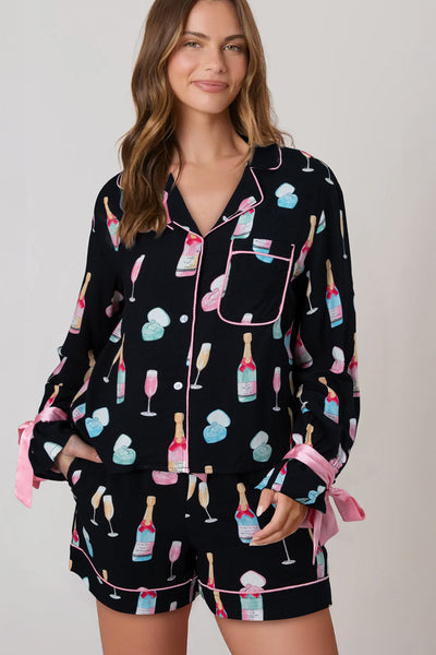 Women's Viscose Champagne and Ring Print Pajama Set with Silk Bows with practical styling and dependable silhouette control.