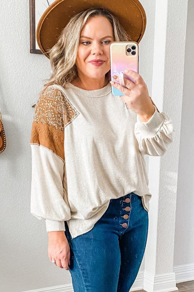 Plus Size Women's Beige Lace Patchwork Long Sleeve Top - Elegant Western-Inspired Design for Stylish Comfort