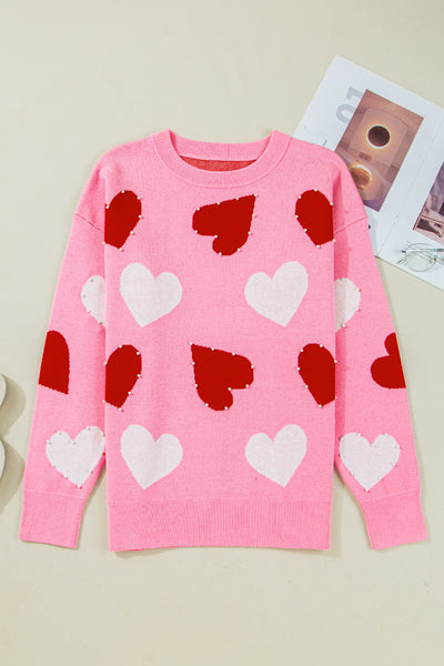Cozy Women's Pink Heart Sweater with Pearl Embellishments - Cute Valentine's Day Gift in Comfortable Fit