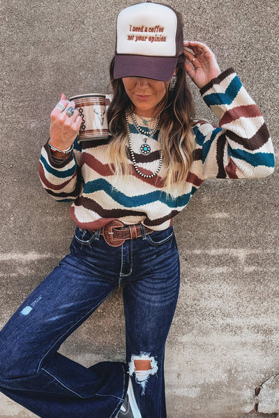 Trendy Women's Multicolor Retro Wave Knit Sweater Cozy Fitted Design for Casual Chic Style