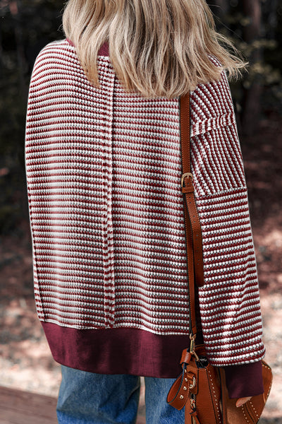 Women's Burgundy Striped Knit Long Sleeve Pullover