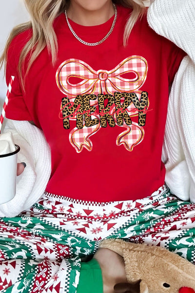 Women's Red Christmas Bow Graphic Tee with Leopard Detail