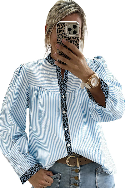 Women's Sky Blue Striped Blouse with Leopard Trim Detail