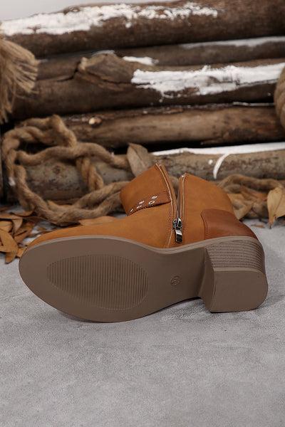 Stylish Women's Chestnut Faux Leather Ankle Boots with Eyelet Detail & Buckled Chunky Heel for All-Day Comfort