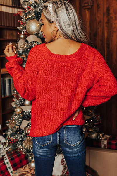 Chic Fiery Red Oversized Knit Sweater for Women with V-Neck and Adjustable Hem for Effortless Style