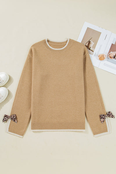 Women's Camel Knit Pullover with Leopard Bow Cuffs