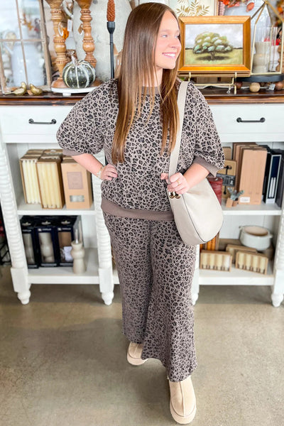 women's stylish khaki leopard print ribbed long sleeve pullover and wide leg pant set comfortable fashion ensemble made for easy styling and wardrobe