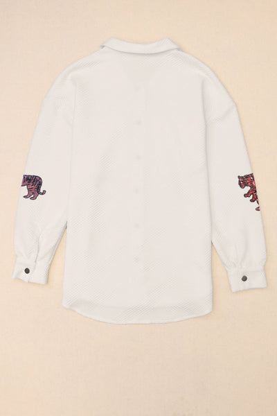 Women's Beige Sequined Tigers Textured Shacket