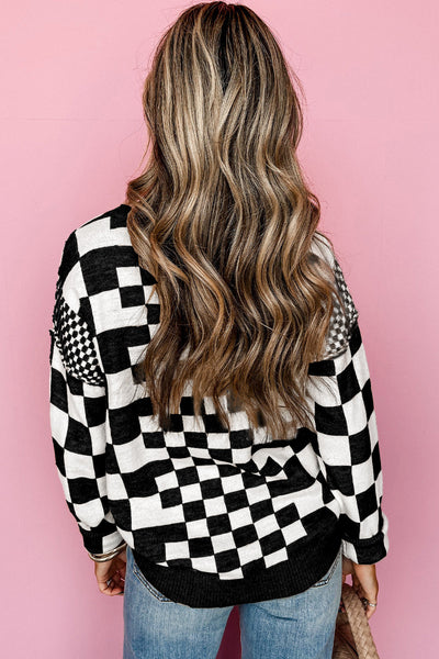 Cozy Women's Black Checkered Drop Shoulder Sweater with Round Neck Chic Knit for Effortless Everyday Style