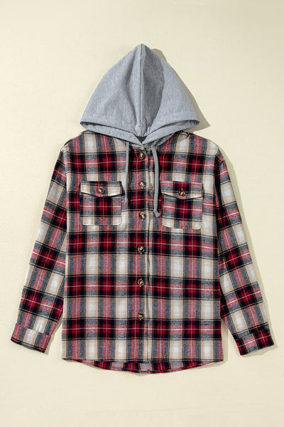 Women's Casual Red Plaid Hooded Shacket with Chest Pocket - Trendy Layering Jacket for Fall Fashion